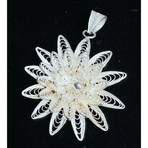 Vintage Sterling Silver Cannetille Filigree 3D Flower Wirework Pendant 1.5" 3.5g